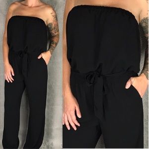 Joie black strapless pant romper tie waist